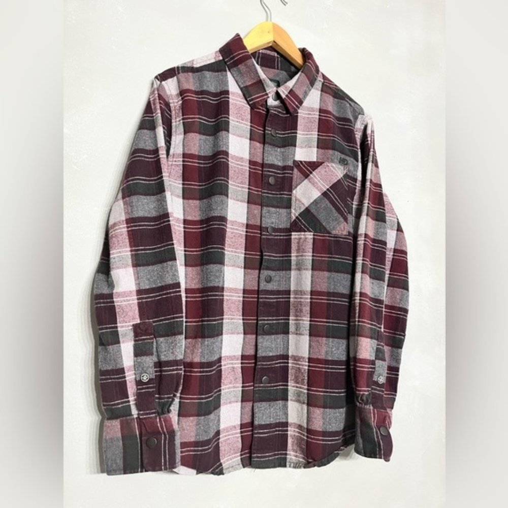 HARLEY DAVIDSON | Mens Maroon Grey Black Plaid Snap On Button  Flannel Shirt - M